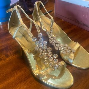 Valerie Stevens gold rhinestone heels
